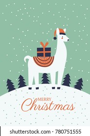 Christmas alpaca character. Winter season greeting card with a cute llama. New Year animal drawing. Colorful cartoon background. Vector illustration. 