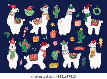 Christmas alpaca. Funny winter llama, holiday cute exotic animals. Scandinavian lama and cactus, cartoon kids wildlife characters vector set