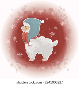 Christmas Alpaca in Winter Hat and Scarf while Snowing with Watercolor Splash Background 01