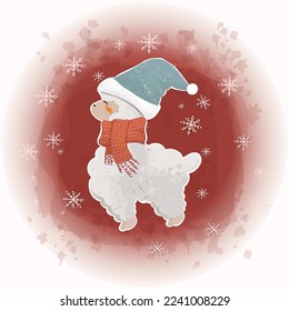 Christmas Alpaca in Winter Hat and Scarf while Snowing with Watercolor Splash Background 05