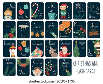 Christmas alphabet cards for children. Cute cartoon ABC set with Santa Claus, deer, elf, present. Funny New Year flashcards for teaching reading or phonics for kids. English language letters pack
