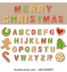 Christmas alphabet from cookies. Christmas or New Year alphabet cookies. Alphabet of holiday cookies. Christmas cookies. Vector.