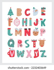 Christmas Alphabet with cute characters. Winter ABS and cartoon letters in flat style