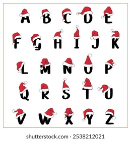 Christmas alphabet with cute characters. Winter ABS and cartoon letters in flat style, decorated with Santa hats.