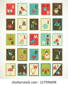 Christmas alphabet with cute stamp xmas icons and illustrations