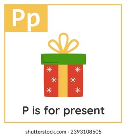 Christmas alphabet flashcard for children. Learning letter p. p is for present.