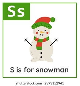 Christmas alphabet flashcard for children. Learning letter S. S is for snowman.