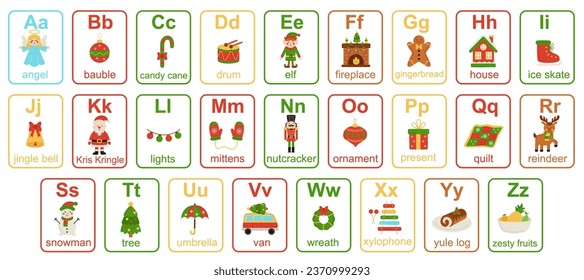 Christmas alphabet flashcards for kids. Learning alphabet for preschoolers.
