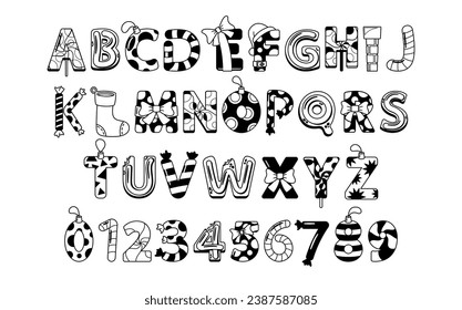 Christmas Alphabet Font Features Festive Black And White Letters With Holiday-themed Elements Like Candy Canes