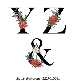 Christmas Alphabet Red Poinsettia - letter Y to Z with christmasred flower bouquet composition. Suitable for winter holidays decoration, wedding cards, greeting cards and many other concept ideas.