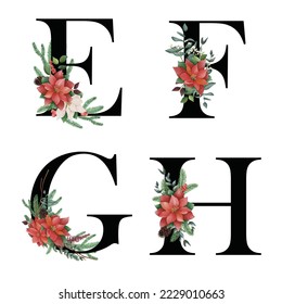 Christmas Alphabet Red Poinsettia - letter E to H with christmasred flower bouquet composition. Suitable for winter holidays decoration, wedding cards, greeting cards and many other concept ideas.