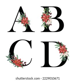 Christmas Alphabet Red Poinsettia - letter A to D with christmasred flower bouquet composition. Suitable for winter holidays decoration, wedding cards, greeting cards and many other concept ideas.