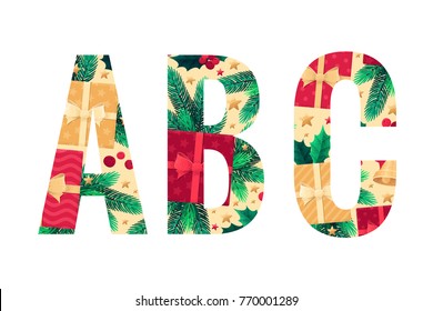 Christmas alphabet set. Green fir branches, holly leaves, berries, gift boxes, golden bells with red bow, stars. Retro vector letters A, B, C