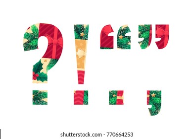 Christmas alphabet set. Green fir branches, holly leaves, berries, gift boxes, golden bells with red bow, stars. Retro vector elements.  Question mark, exclamation mark, quotation marks, period, comma