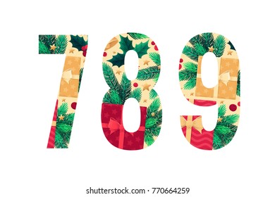 Christmas alphabet set. Green fir branches, holly leaves, berries, gift boxes, golden bells with red bow, stars. Retro vector lnumbers 7, 8, 9