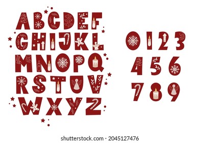 Christmas alphabet set and numbers. Vector illustration.