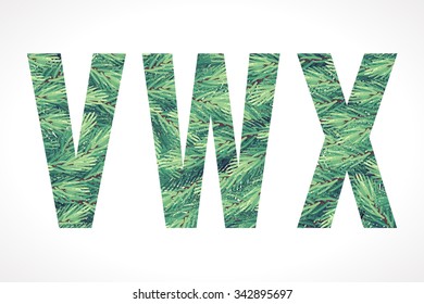 Christmas alphabet set. Retro fir branches letters V, W, X
