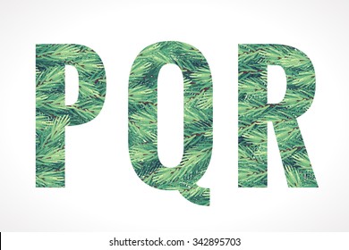 Christmas alphabet set. Retro fir branches letters P, Q, R