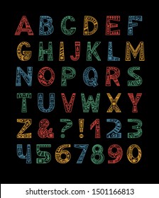 Christmas alphabet vector color outline typeset. Uppercase letters with winter season doodle patterns. Festive numbers and symbols set. New Year, winter season holidays celebration creative font