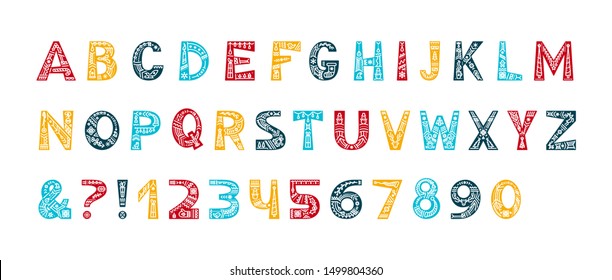 Christmas alphabet vector color typeset. Uppercase letters with winter season decorative linear ornaments. Numbers and symbols with xmas holiday doodles set. New Year celebration creative font