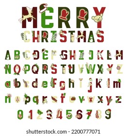 Christmas alphabet vector, ornament-adorned letters for holiday decorating and celebration, vector illustration.