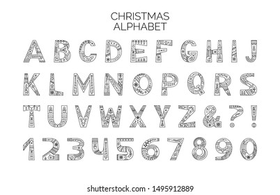Christmas alphabet vector outline typeset. Uppercase letters with winter season holiday linear ornament. Numbers and symbols with black and white xmas items set. New Year celebration creative font