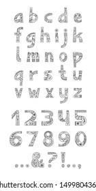 Christmas alphabet vector outline typeset. Lowercase letters with winter season holiday linear patterns. Numbers and punctuation marks with black and white xmas items set. New Year celebration font
