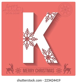 Christmas Alphabet. Vector white K with snowflakes on red background.