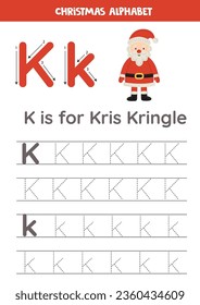 Christmas alphabet writing for preschool kids. Letter K is for kris kringle.