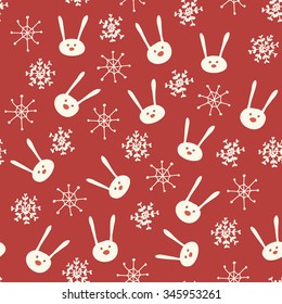 Christmas amazing seamless cute snowflake rabbit red pattern.