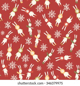 Christmas amazing seamless cute snowflakes rabbit red pattern.