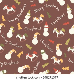 Christmas amazing seamless cute snowman horse tree brown pattern.