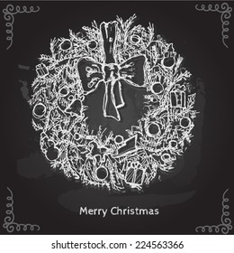 Christmas &amp; New year holidays vector hand drawn illustration with xmas wreath