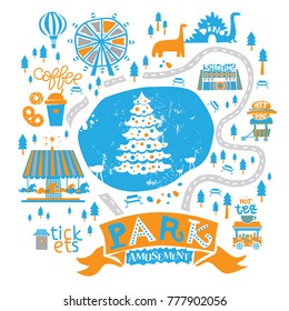 Christmas amusement Park in cartoon style. Market, fair, street food festival. Attractions and food trucks, Christmas tree, circus, Ferris wheel, balloons, carousel with horses. For card, poster