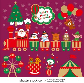 Christmas with Amusement park.Funny Santa Claus with animals in a toy train.vector illustration.