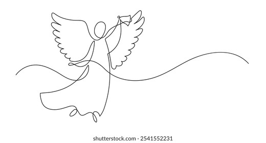 Christmas angel with bell. Continuous line drawing. 