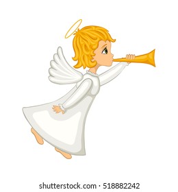 Christmas angel blowing a horn. Isolated cartoon cute angel on a white background. Vector illustration.