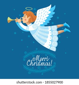 A Christmas angel blows a bugle.