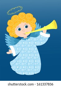 Christmas angel in the blue. Cartoon vector illustration.