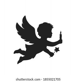 Christmas Angel With Candle And Star. Christmas Symbol. Isolated Vector Silhouette Image