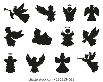 Christmas angel character silhouette. Set of black Christmas angel icons. Angel silhouette for Christmas greeting card, invitation