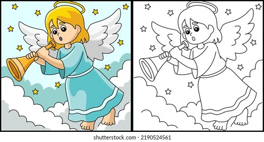 Christmas Angel Coloring Page Colored Illustration