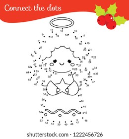 Christmas angel connect the dots game. Dot to dot by numbers educational game for kids. New year theme printable activity for toddlers.