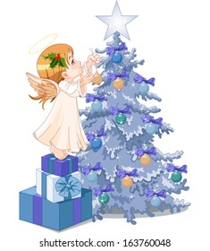 Ángel de Navidad decorando el árbol de Navidad