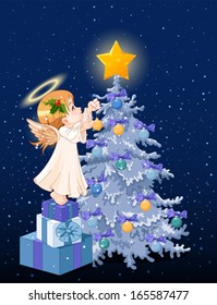 Ángel de Navidad decorando el árbol de Navidad