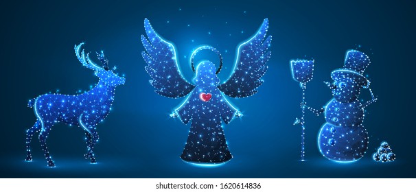 Christmas Angel, Deer, Reindeer, Snowman with a broom. Wintertime, snow days, winter holidays concept on blue neon background. Low poly, abstract, polygonal, wireframe, digital, 3d vector illustration