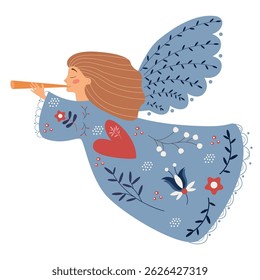 Christmas angel in a dress embroidered with flowers and leaves. Angel with a piper. Vector illustration in flat style. Festive element for decoration of holiday designs.