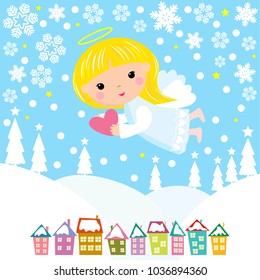 Christmas Angel flies in the night sky over the city and trees. Greeting card with Christmas angel.                                                                                                     
