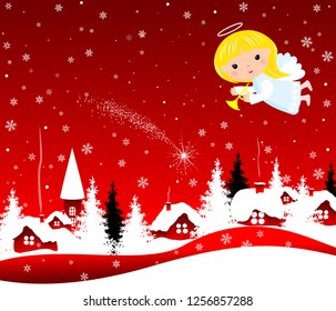 Christmas angel flies in the night sky over the village and trees. Angel on a red winter background with snowflakes.