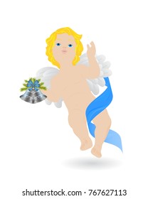 Christmas Angel is floating in the air. A boy, a child with blond hair and wings, holds Christmas silver bells in his hand. The bells are hung on a spruce branch. Element of design. Isolated